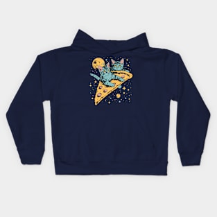 Retro futuristic cats on pizzas in space Kids Hoodie